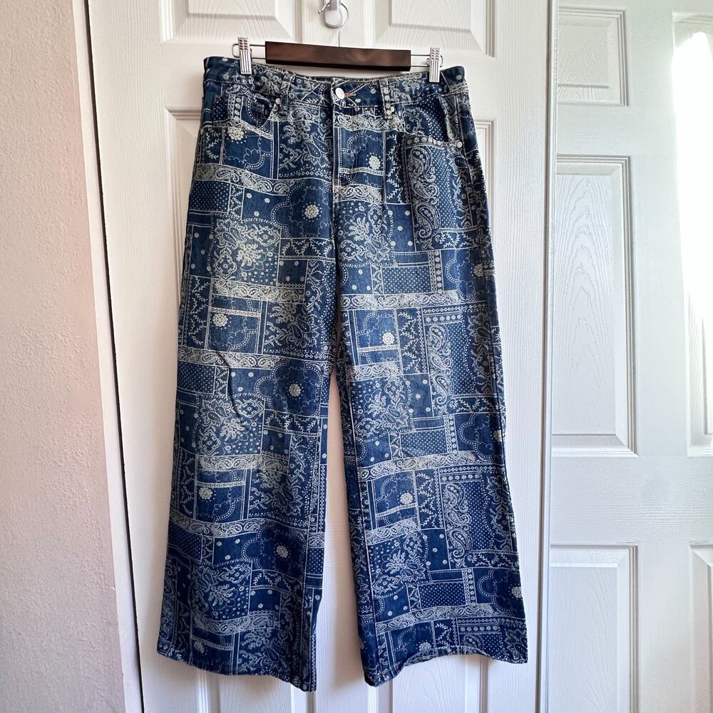 Cali 1850 Paisley Bandana Patchwork Print Wide Leg Jeans Boho Womens 11 / 30